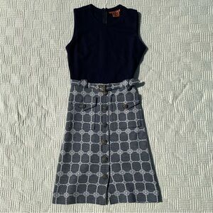 Tory Burch Navy Sleeveless Dress with Gray Patterned Skirt Size Small